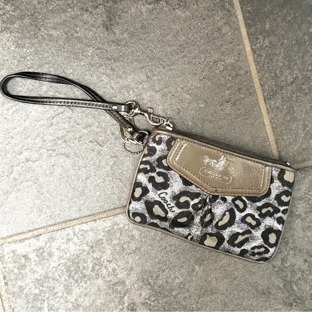 Coach Black & Gray Metallic Leopard/Ocelot Print Wristlet with Purple Interior